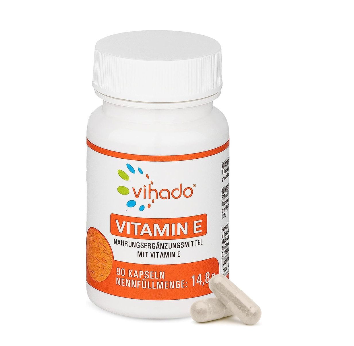Weiße Pillendose mit Vitamin E. Text: 90 Kapseln. Zwei Kapseln liegen daneben.
