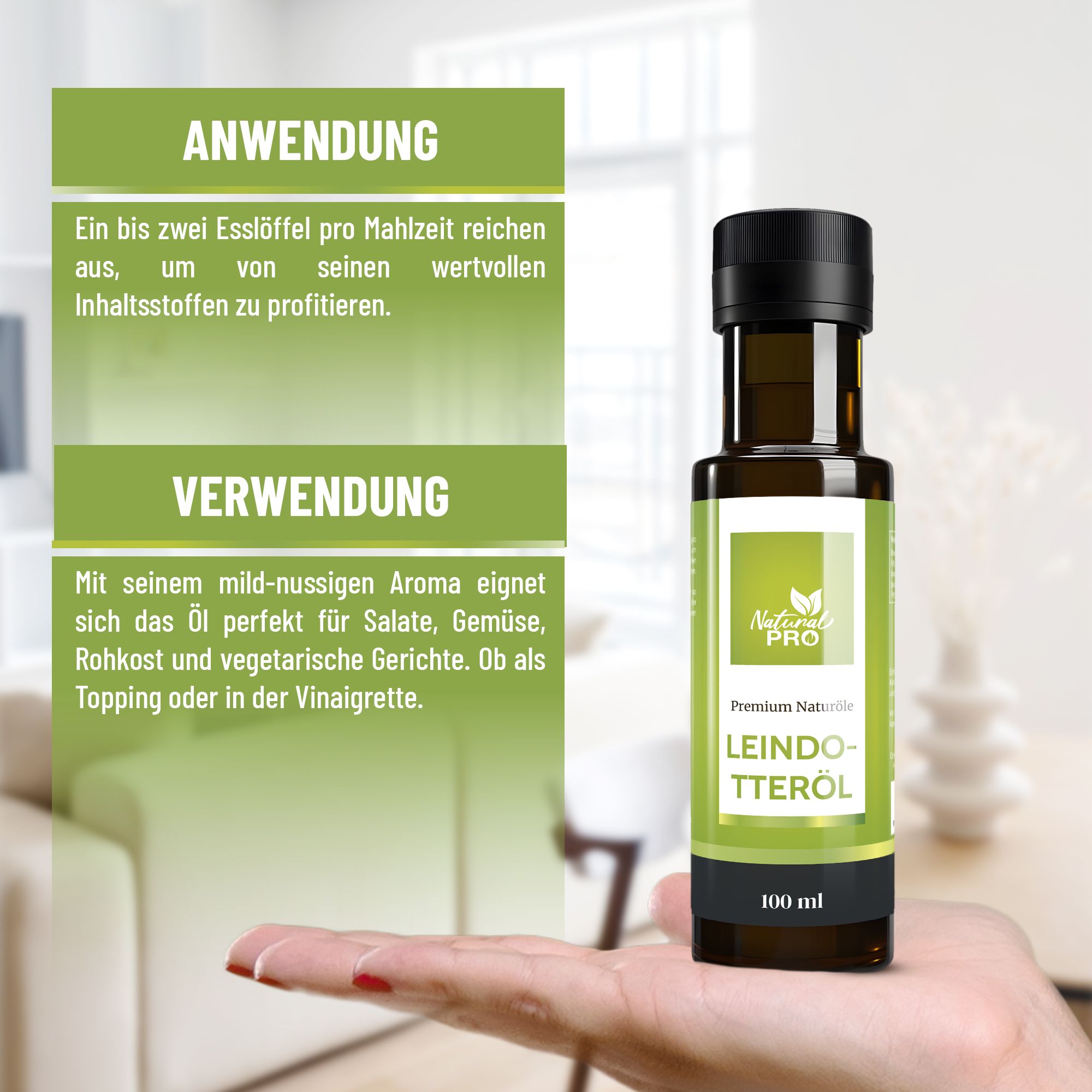Braune Glasflasche mit schwarzem Deckel und grünem Etikett. Text: Natural Pro, Leindotteröl, 100 ml. Anwendung.