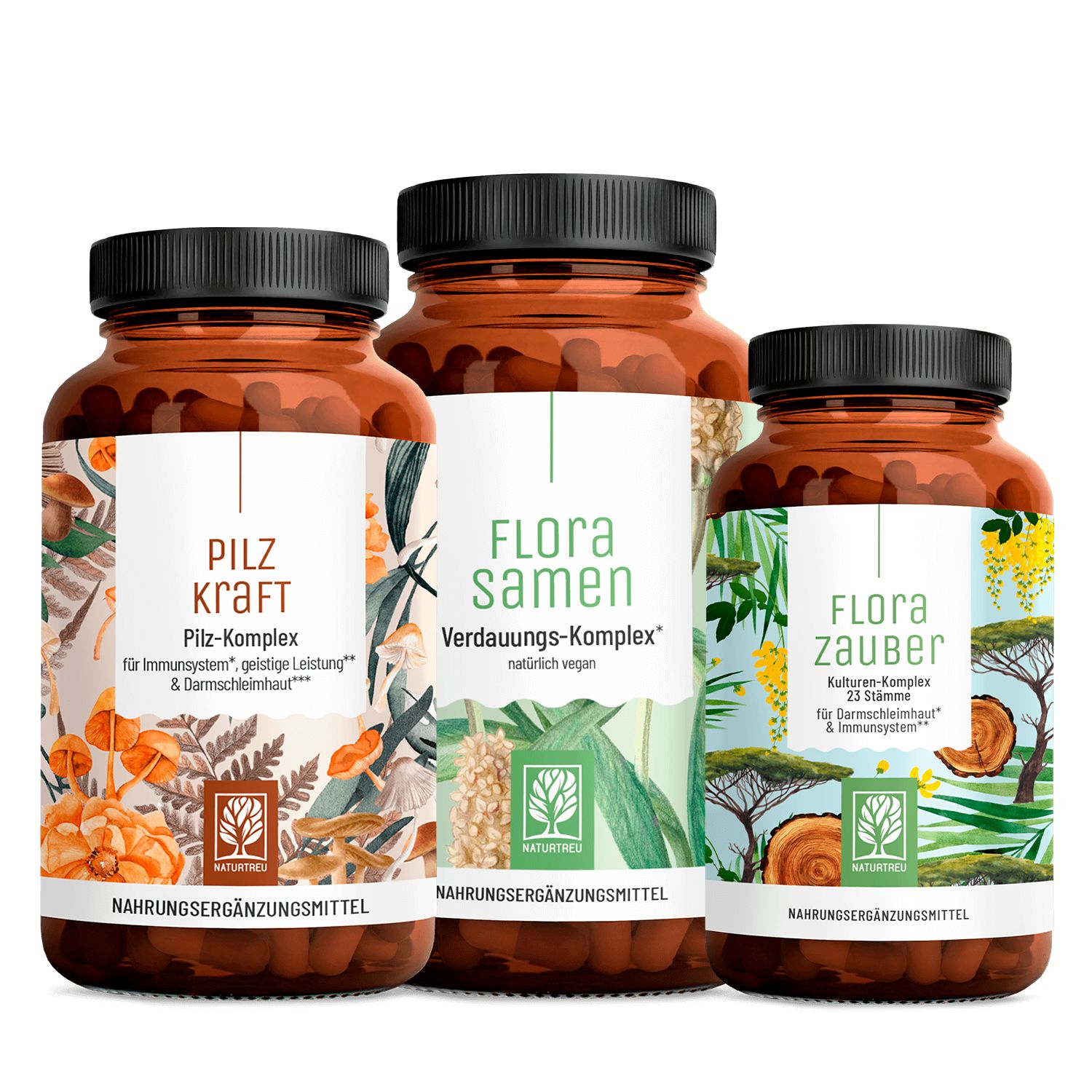 Drei braune Glasflaschen mit schwarzen Deckeln. Aufkleber mit Produktnamen und Illustrationen. Naturtreu-Logo.