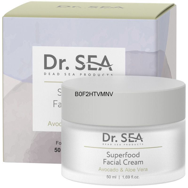 Creme-Tiegel und Verpackung. Aufschrift: Dr. SEA, Superfood Facial Cream, Avocado & Aloe Vera.