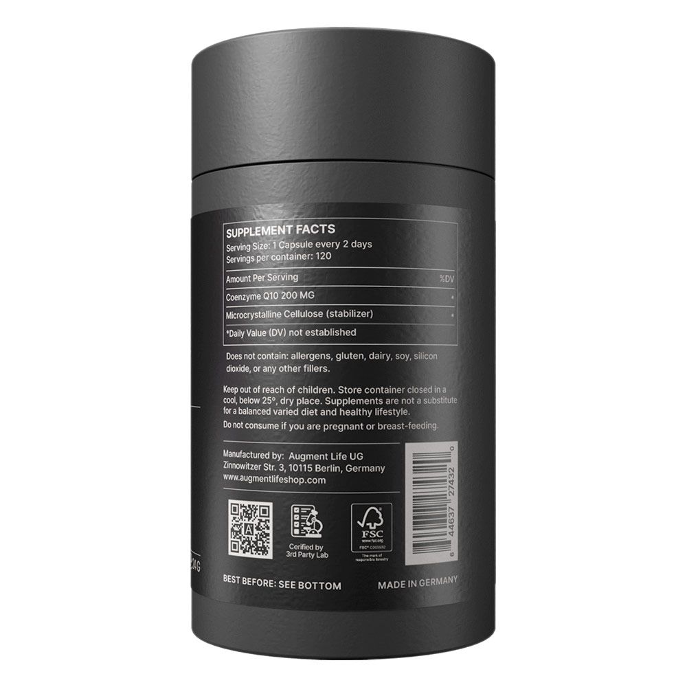 Schwarze Flasche mit Nährwertangaben, Coenzym Q10 200 MG, FSC-Siegel und Made in Germany Aufschrift.