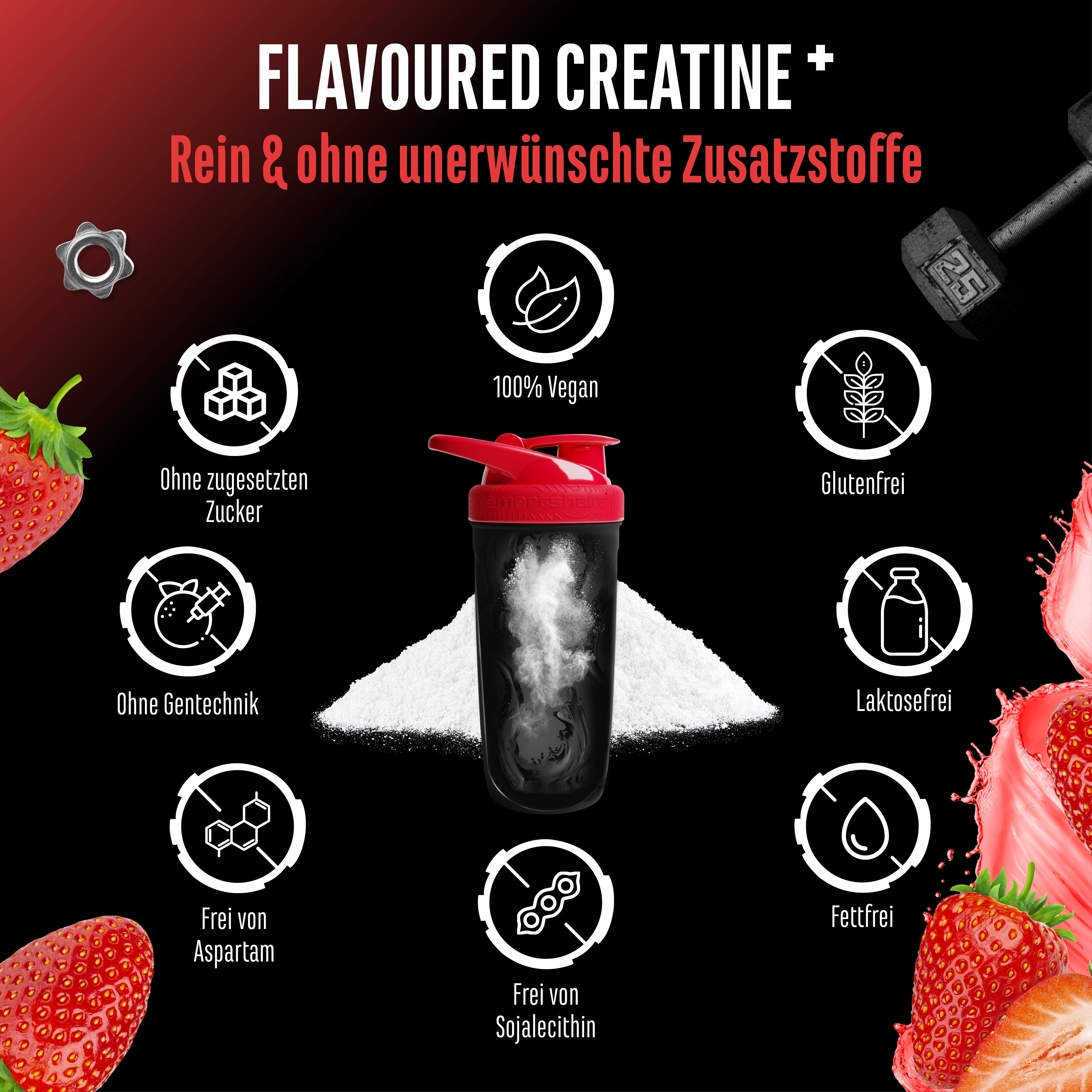 Werbung für FLAVOURED CREATINE+ mit Icons. Ohne Zucker, ohne Gentechnik, vegan, glutenfrei, fettfrei.