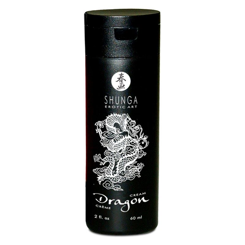 Schwarze Flasche. Aufschrift: Shunga Dragon. Creme. 60 ml. Drachen-Design.