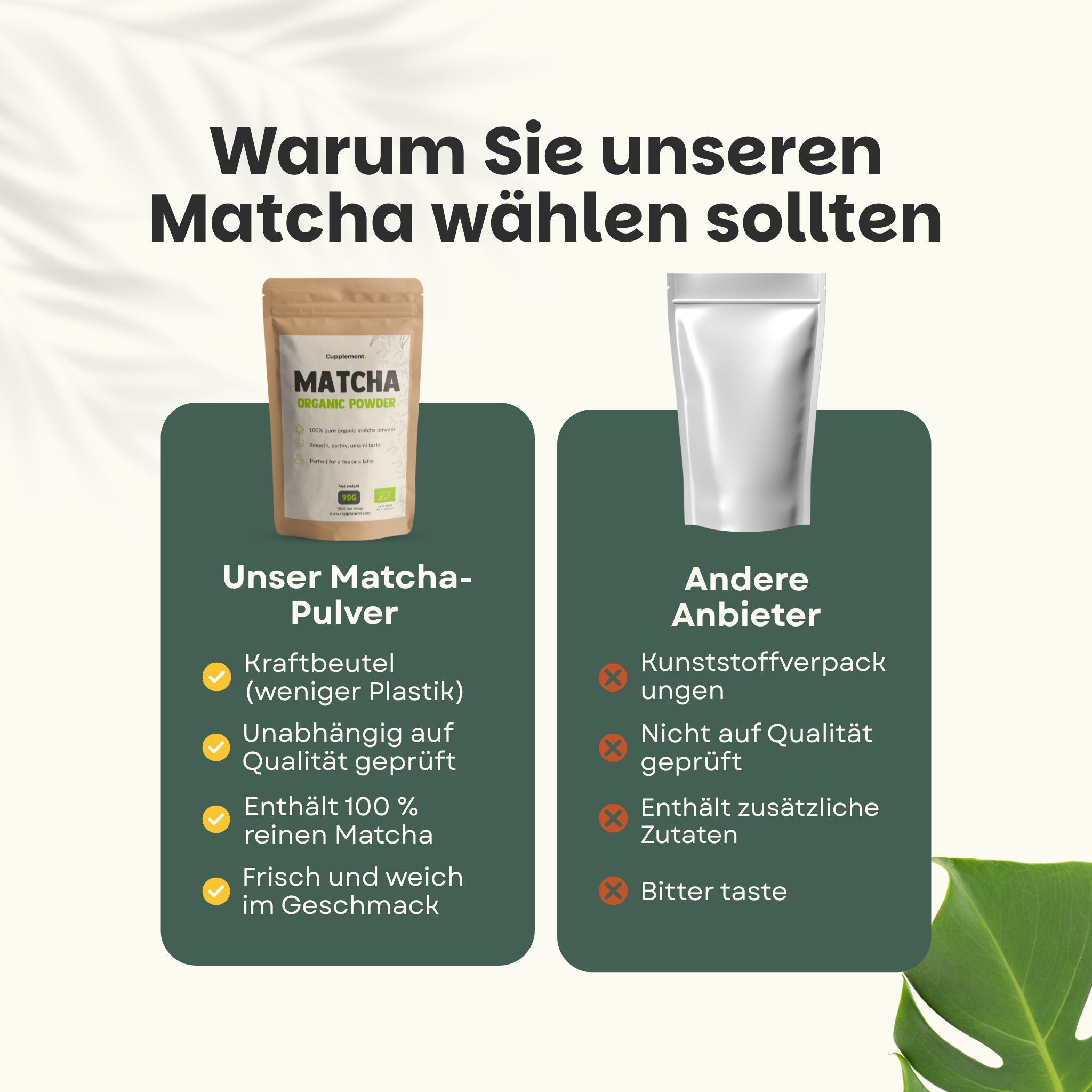 Vergleich: Matcha-Pulver vs. andere Anbieter. Text: Kraftbeutel, 100% Matcha, etc. vs. Kunststoffverpackung.