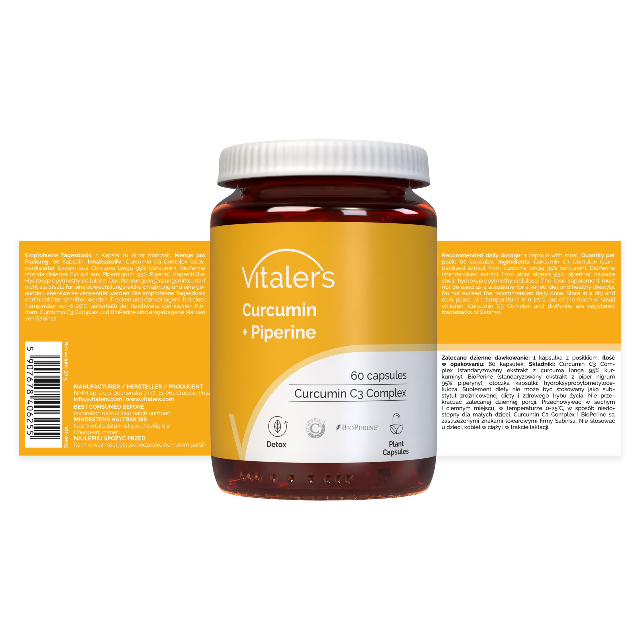 Vitaler's Curcumin + Piperine Kapselbehälter und Verpackung. 60 Kapseln. Nahrungsergänzungsmittel.