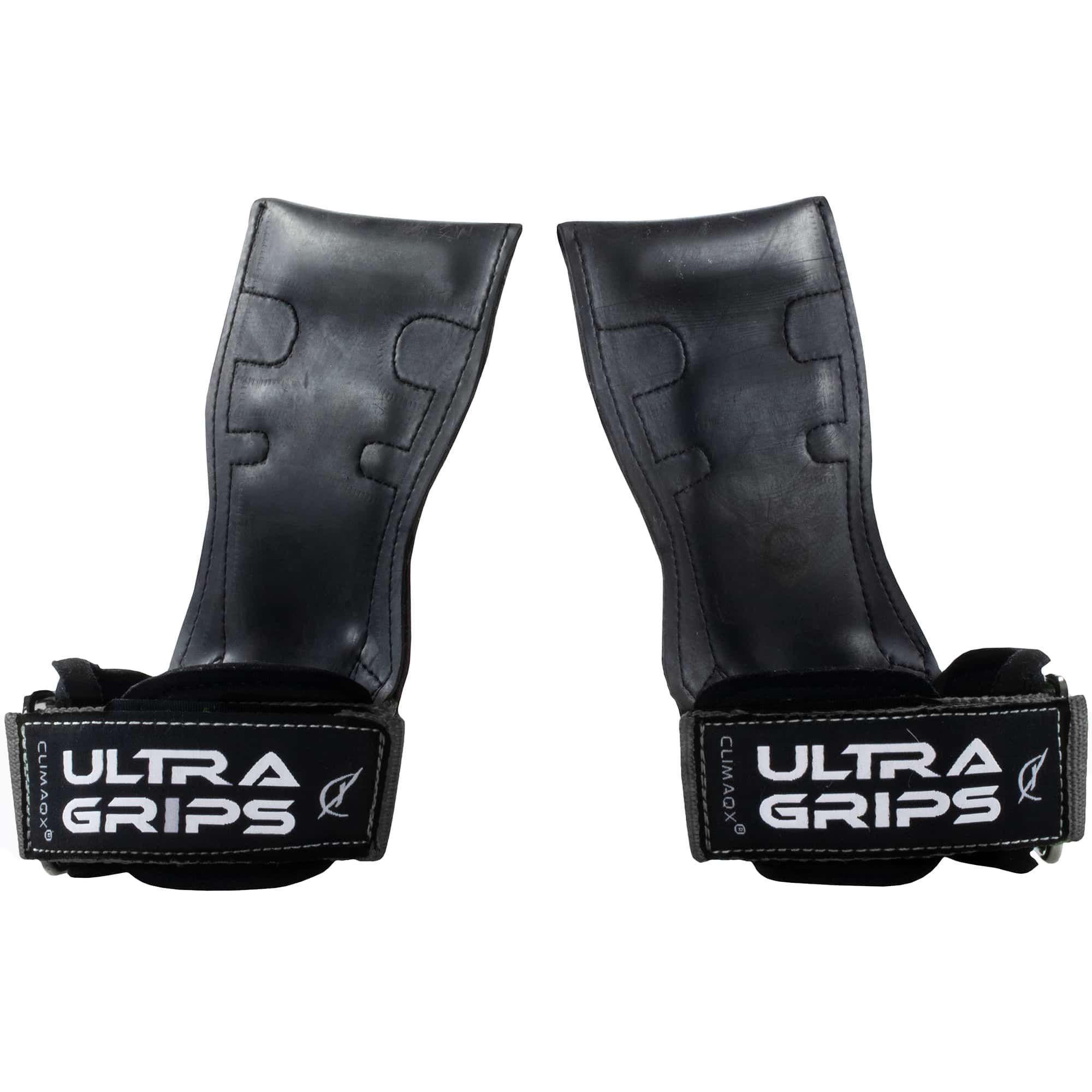 Zwei schwarze CLIMAQX Ultra-Grips. Handgelenkband mit weißem Logo. Lederartige Griffe.