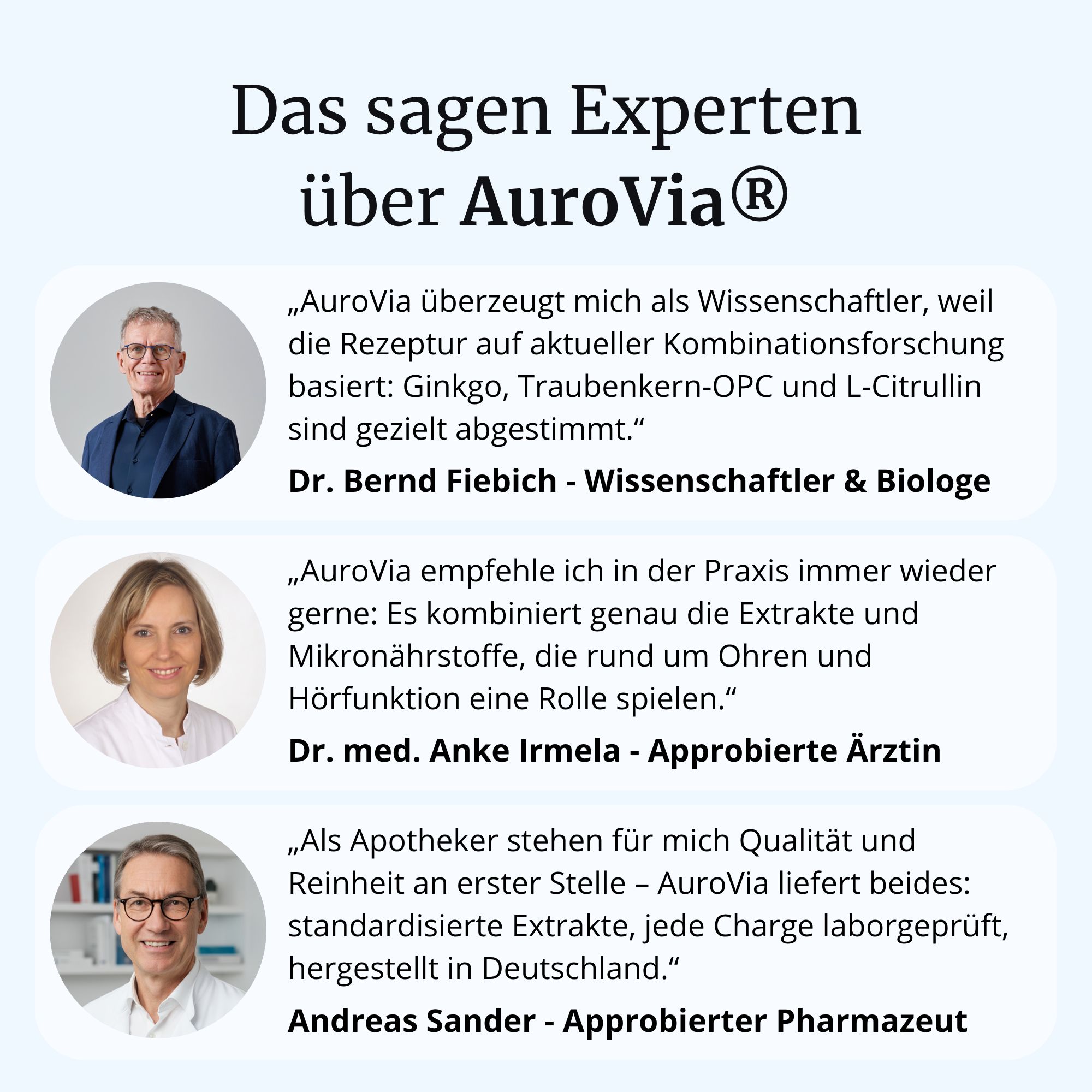 Expertenmeinungen zu AuroVia: Zitate von Dr. Bernd Fiebich, Dr. med. Anke Irmela und Andreas Sander.