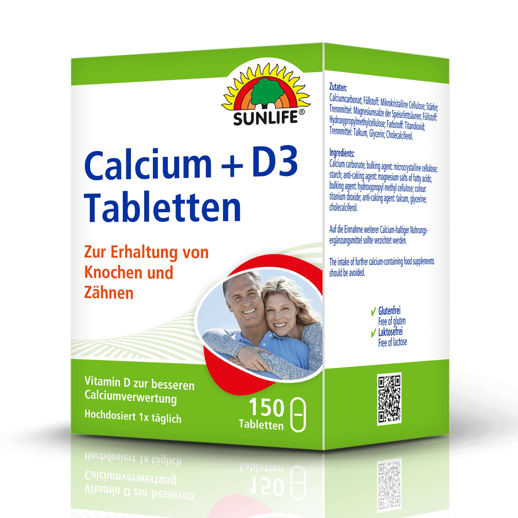 Grüne Schachtel mit SUNLIFE Calcium + D3 Tabletten. Enthält 150 Tabletten. Aufdruck: Zur Erhaltung von Knochen und Zähnen.