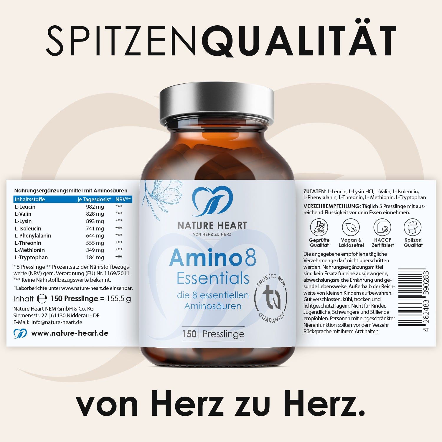 Braune Glasflasche mit Etikett. Text: Amino 8 Essentials, 150 Presslinge. Logo: Herz mit Blättern. Zusammensetzung, Nährwerttabelle, TÜV-Zertifizierung.