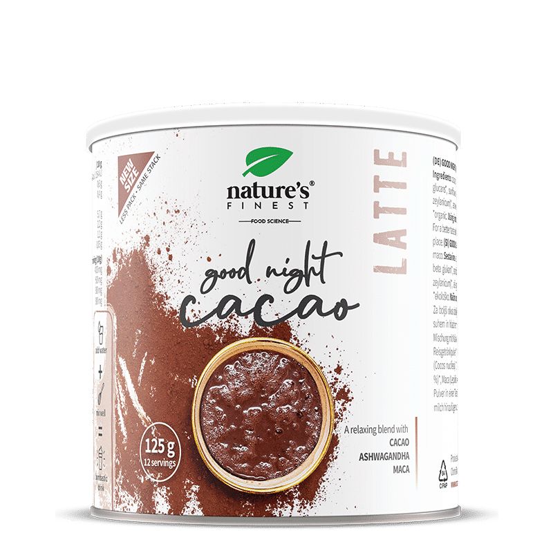 Nature's Finest Good Night Cacao Latte Dose mit 125g Pulver. Enthält Ashwagandha und Maca.
