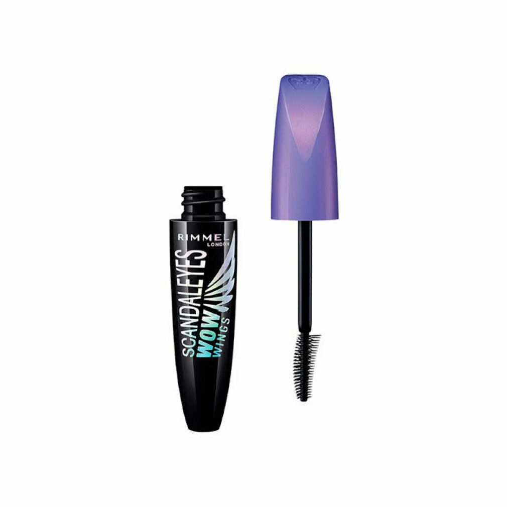 Schwarze Mascarabürste und -flasche. Flasche mit Schriftzug Scandaleyes Wow Wings. Lila Deckel. Bürste herausgezogen.