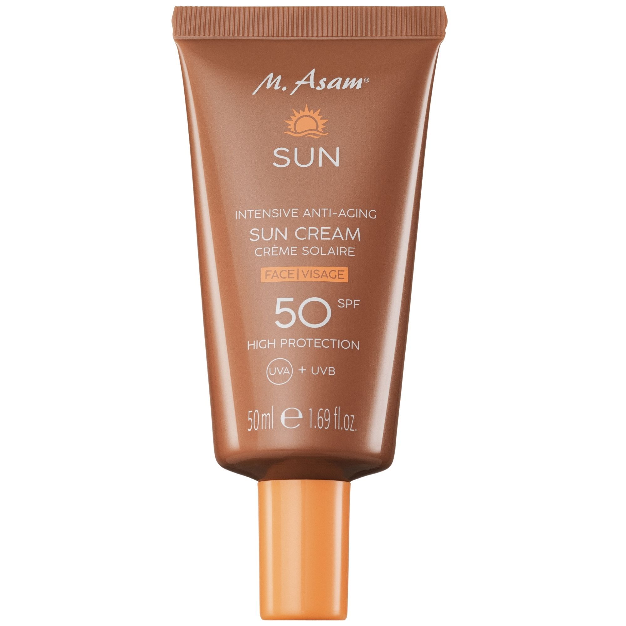 Braune Tube mit Sonnencreme. Aufschrift: M. Asam SUN, Intensive Anti-Aging Sun Cream, LSF 50. 50ml.