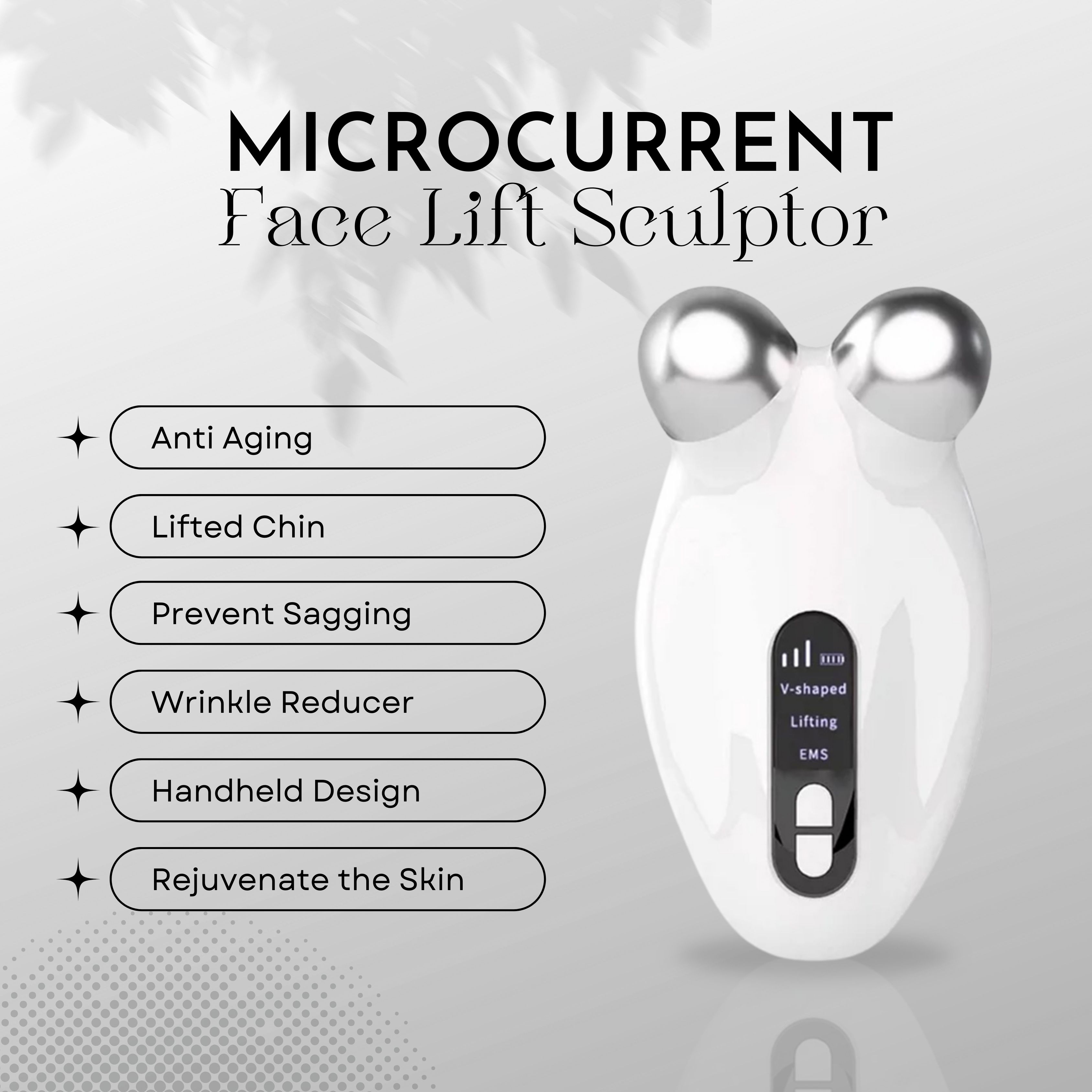 Mikrostrom-Gesichtslifting-Sculptor mit Liste von Vorteilen wie Anti-Aging und Faltenreduktion.