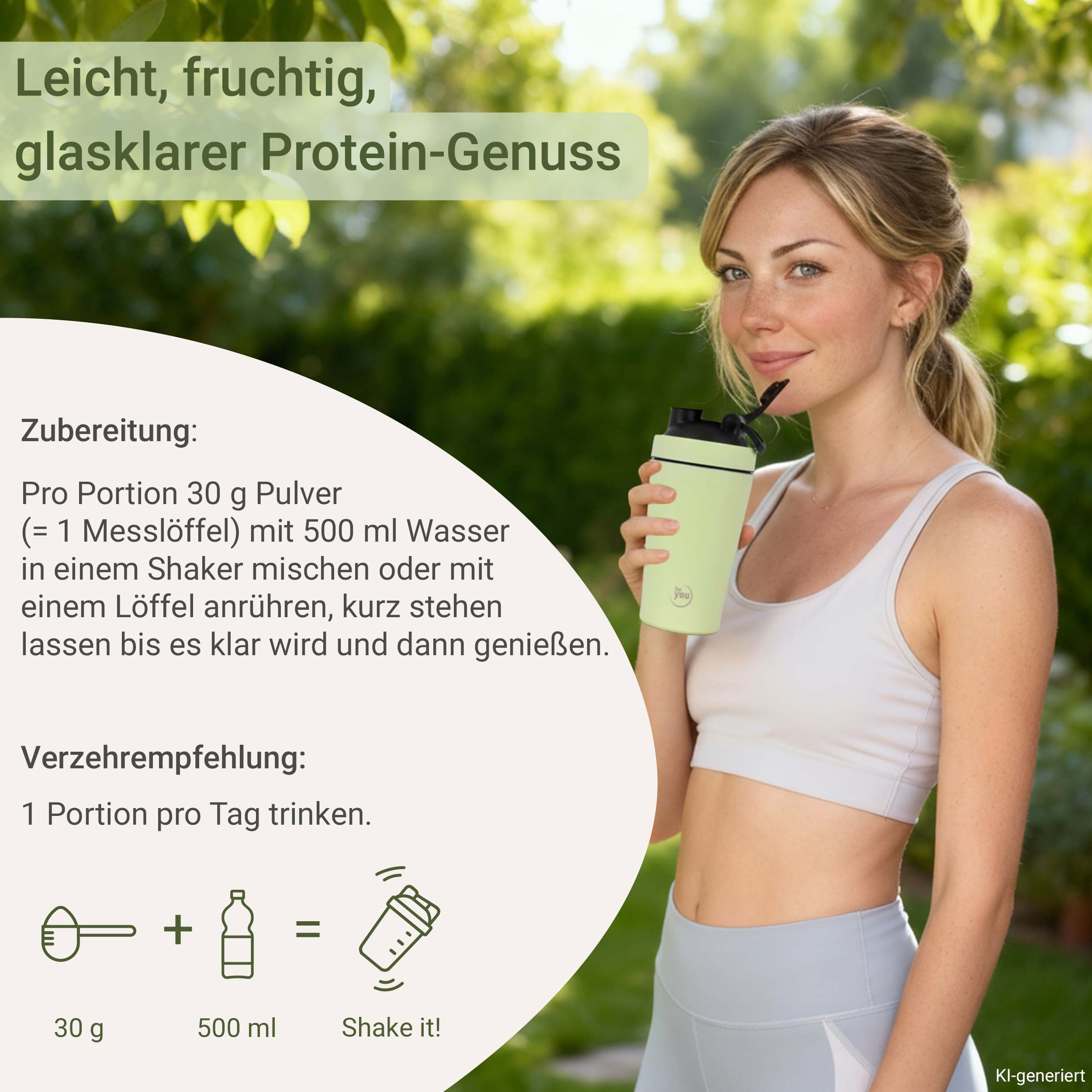 Frau mit Shaker-Flasche, mit Zubereitungshinweisen für Clear Whey Protein Isolate.
