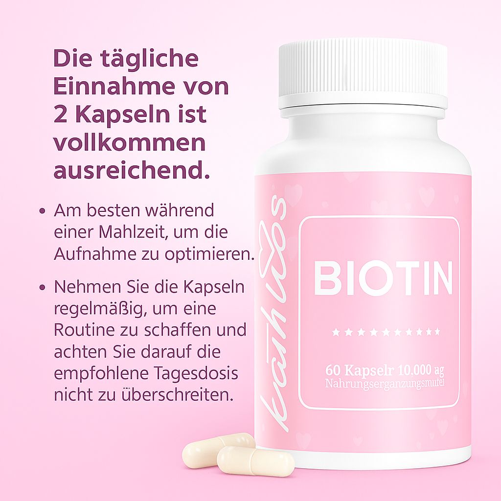 Weiße Flasche mit rosa Etikett. Aufschrift: BIOTIN, 60 Kapseln, 10.000 ug. Marke: Kathless. Text: Einnahme von 2 Kapseln. Zwei Kapseln liegen daneben.