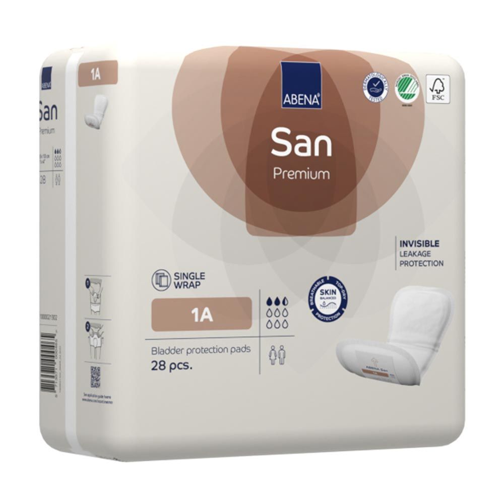 ABENA San Premium Einlagen-Packung. Aufdrucke: San, Premium, 1A, 28 Stück, FSC-Siegel. Einzelne Einlage sichtbar.