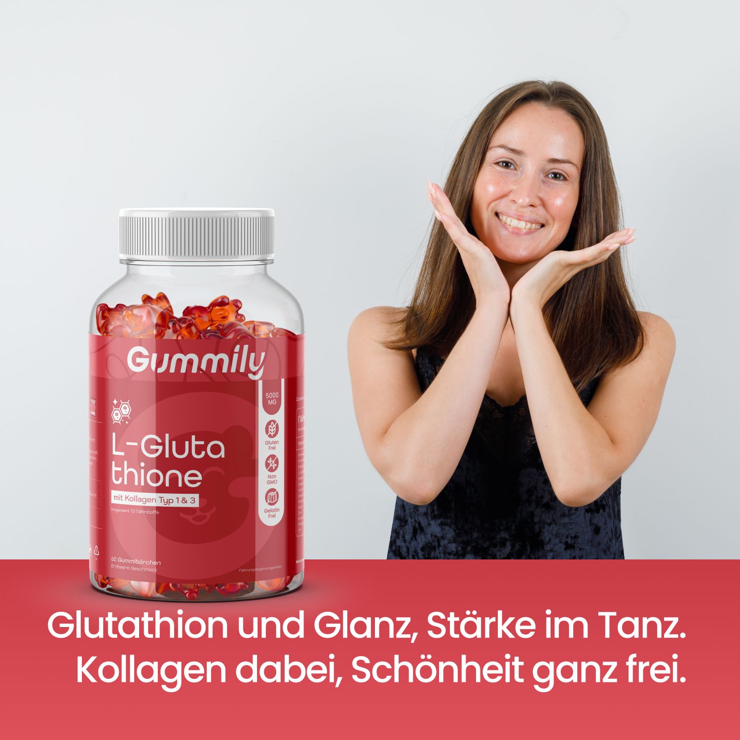Eine Frau hält die Hände an ihr Gesicht, neben einer Flasche Gummily L-Glutathion Gummibärchen.