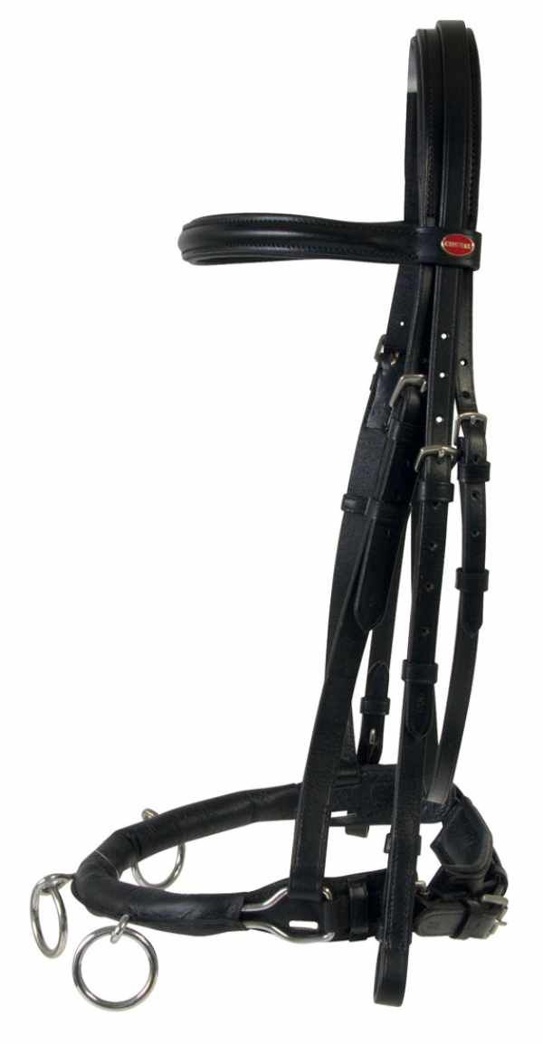 Schwarzer Reitkappzaum. Leder, Metallbeschläge, rotes Logo.