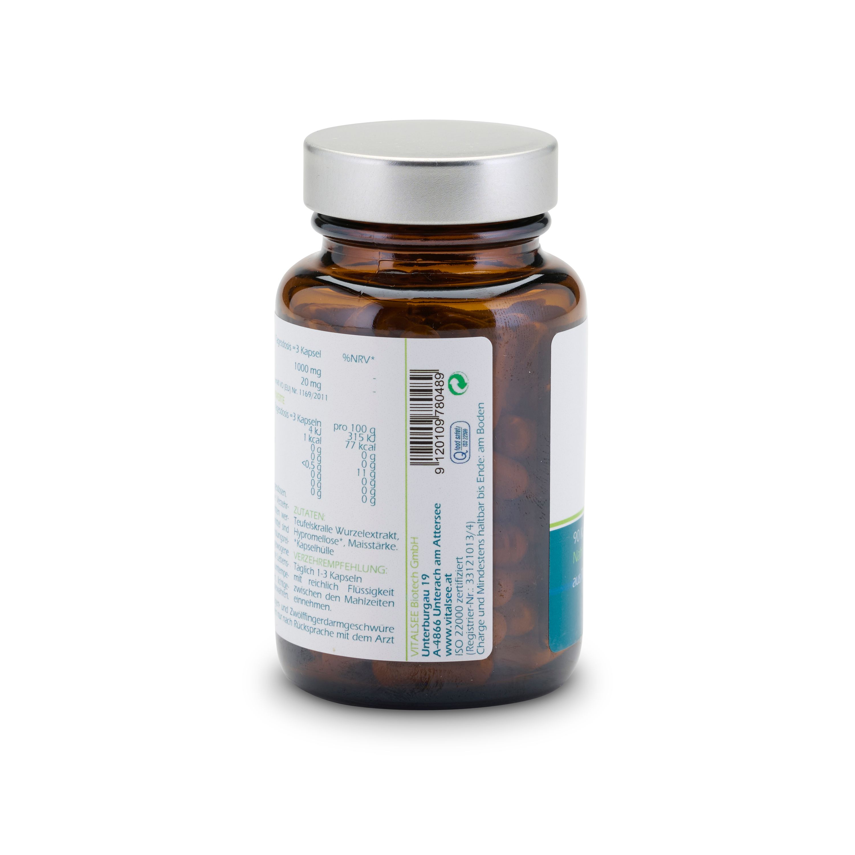 Rückseite einer braunen Glasflasche mit silbernem Deckel. Etikett mit Produktinformationen und Barcode.