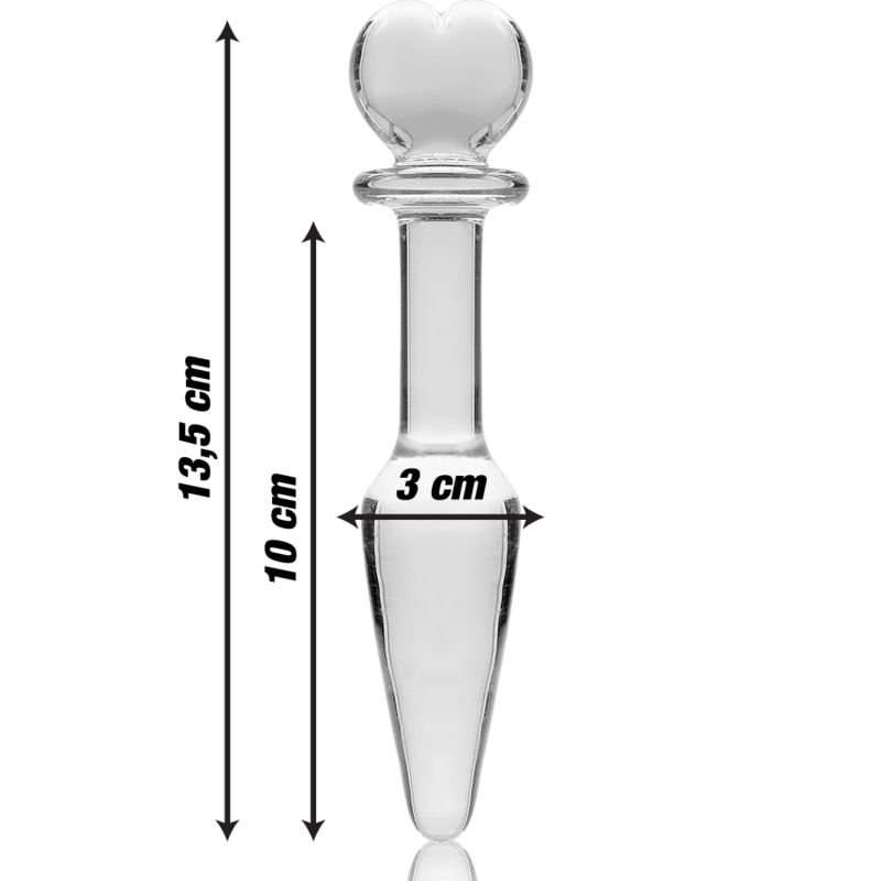 Glas-Analplug mit Herzgriff, 13,5cm lang, 3cm breit. Produktansicht von der Seite.