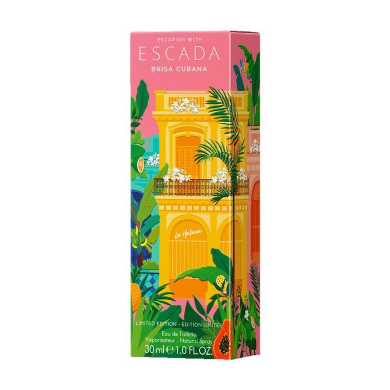 Verpackung Escada Brisa Cubana. Rosa Hintergrund, gelbes Gebäude, grüne Blätter. Aufschrift: Escada, Brisa Cubana.