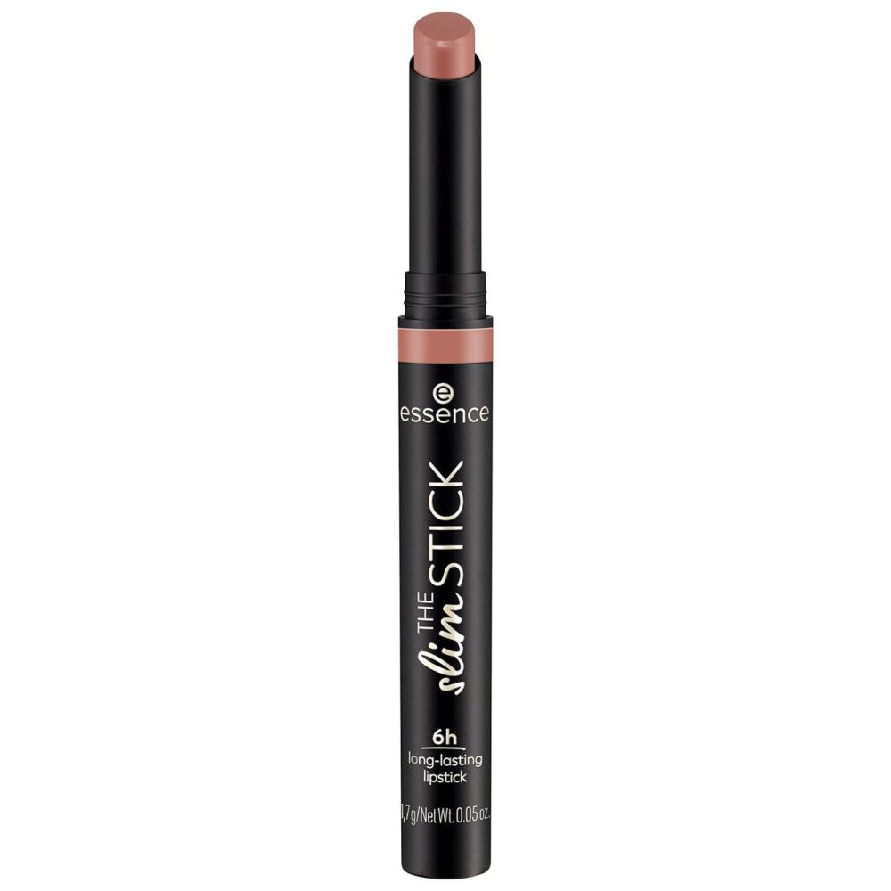 Essence Lippenstift The Slim Stick, nude. Schwarze Hülse, Produktname und Logo. 6h long-lasting. Net Wt. 0.05 oz.