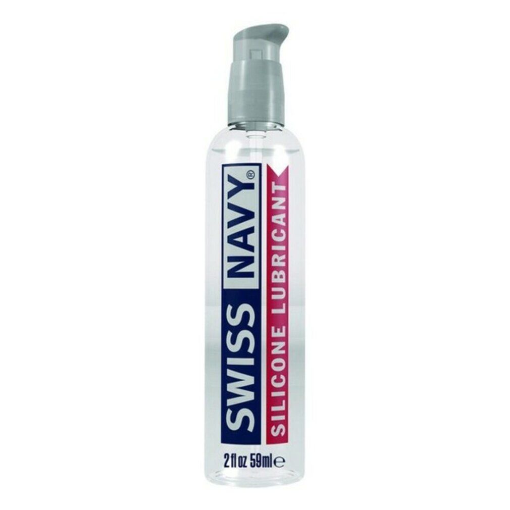 Transparente Flasche mit Pumpe. Aufschrift: SWISS NAVY SILICONE LUBRICANT. Volumen: 2 fl oz 59ml.