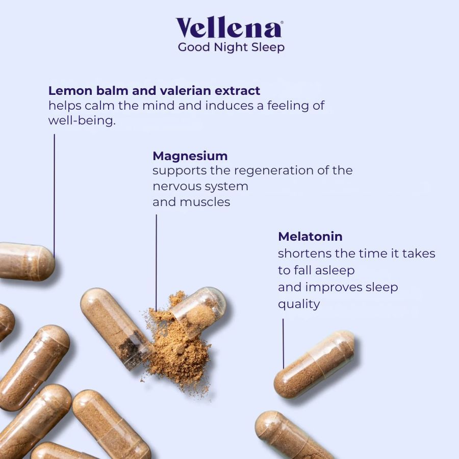 Kapseln und Inhaltsstoffe: Zitronenmelisse, Baldrian, Magnesium, Melatonin. Text: hilft, den Geist zu beruhigen, unterstützt das Nervensystem, verkürzt Einschlafzeit.