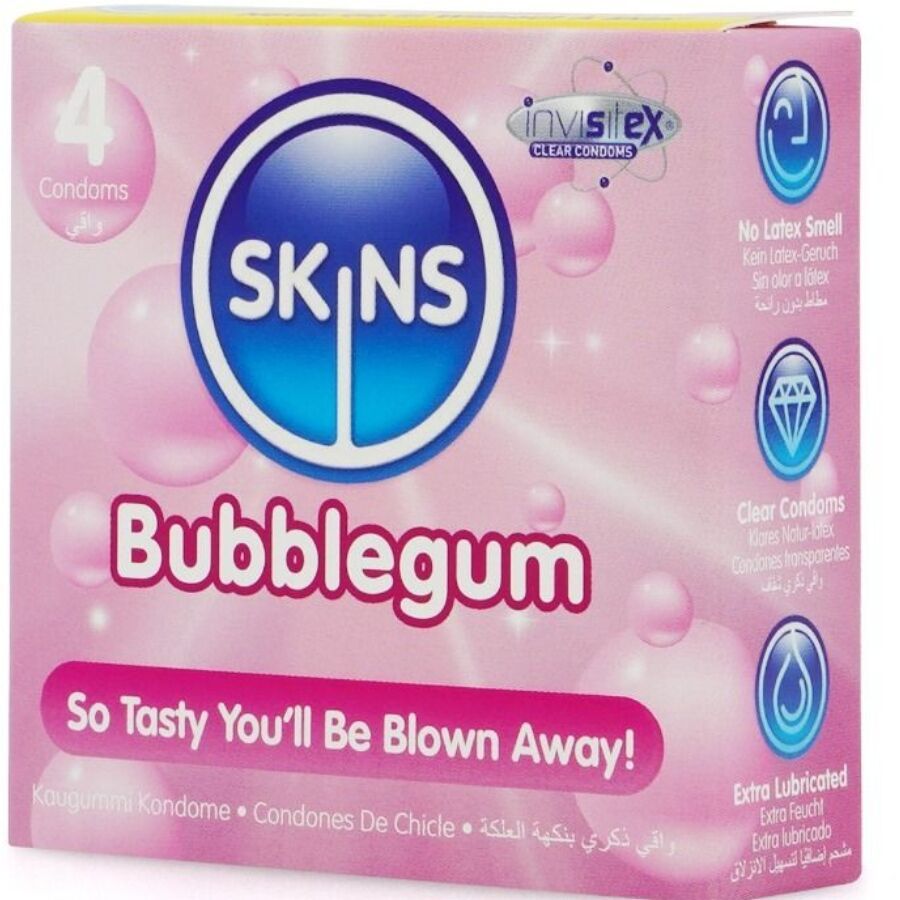 Rosa Verpackung mit SKINS Bubblegum Kondomen. Enthält 4 Kondome. Text: So Tasty You'll Be Blown Away!