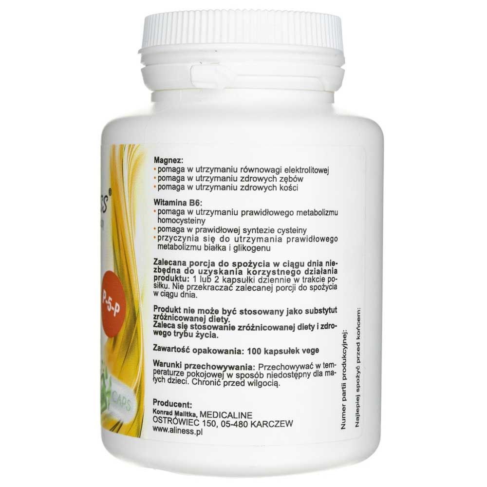 Rückseite der Aliness Magnesiumcitrat 125 mg mit B6 (P-5-P) Dose mit Produktinformationen und Herstellerdetails.
