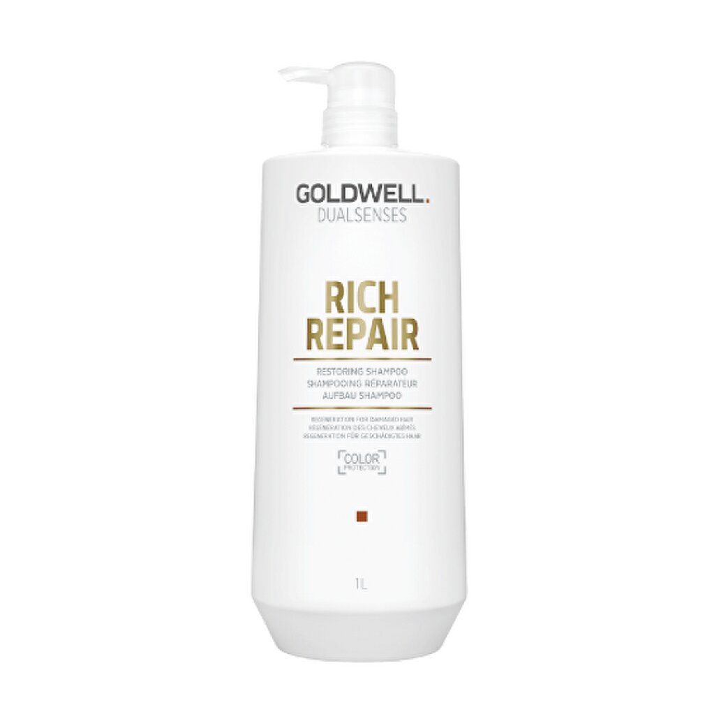 Weiße Shampoo-Flasche mit Pumpe. Aufschrift: GOLDWELL, DUALSENSES, RICH REPAIR. Text: Restoring Shampoo. 1L.