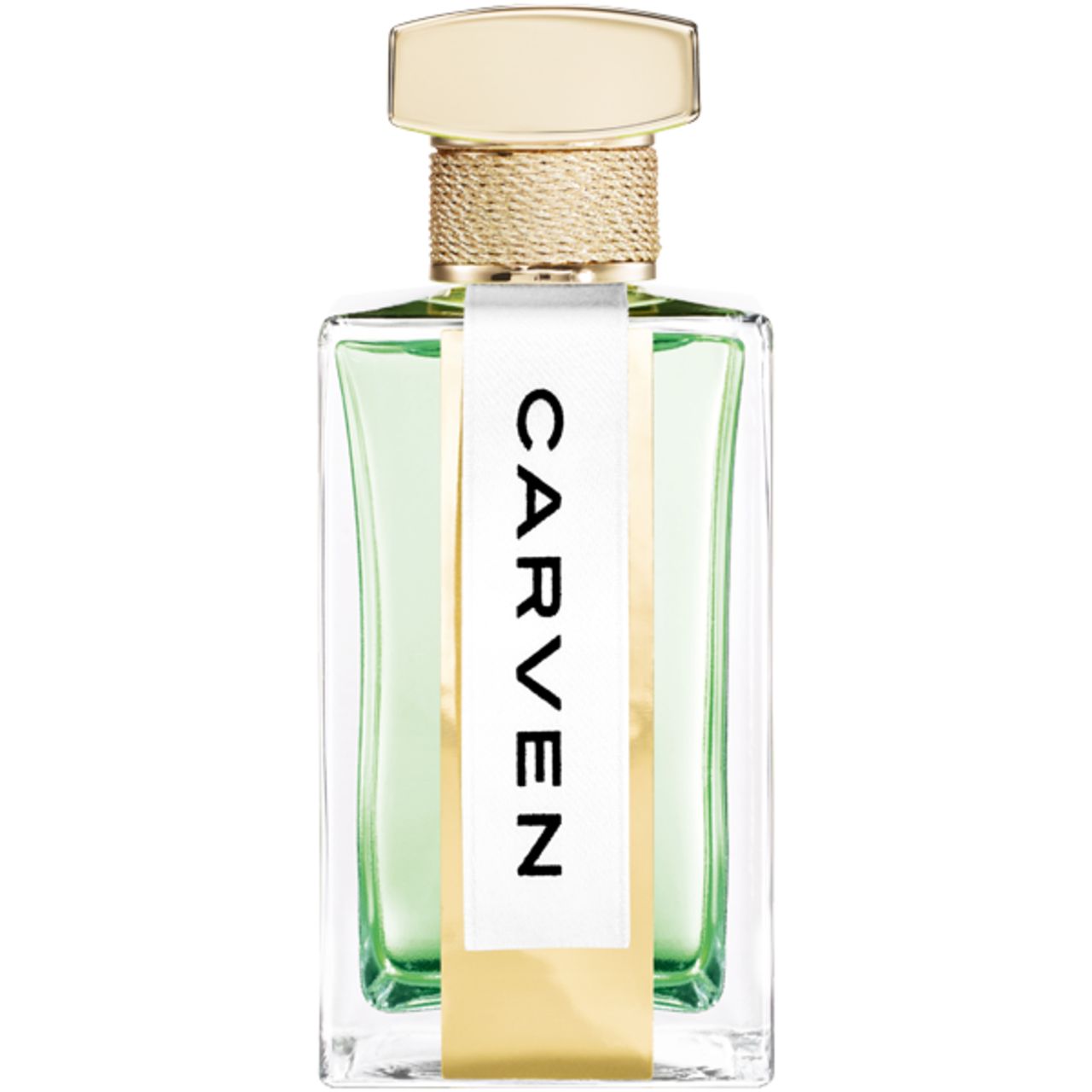Glasflakon mit goldfarbenem Verschluss und weißem Etikett mit dem Wort CARVEN. Grüne Flüssigkeit sichtbar.