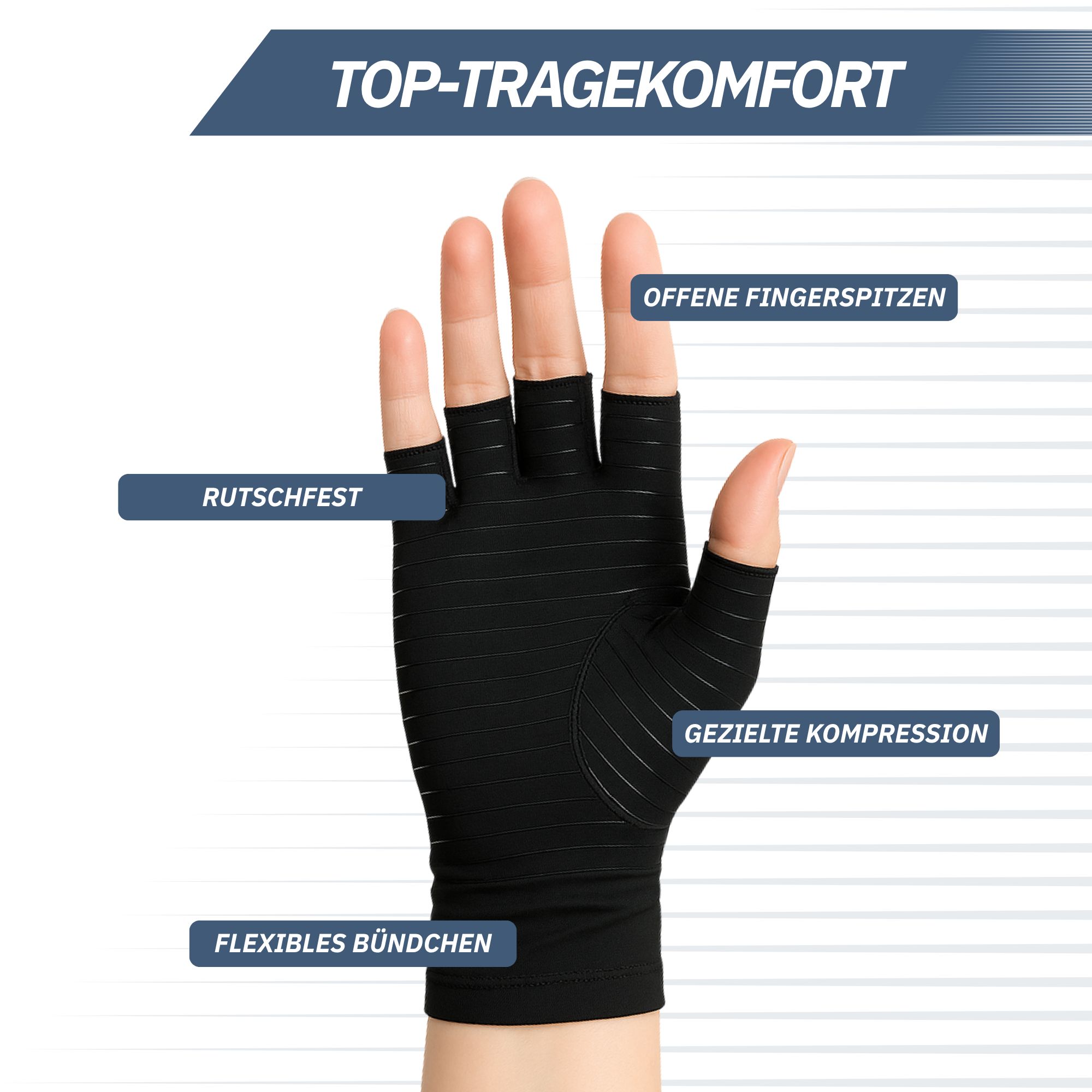 Schwarze Kompressionshandschuhe mit offenen Fingerspitzen, rutschfest, gezielte Kompression.