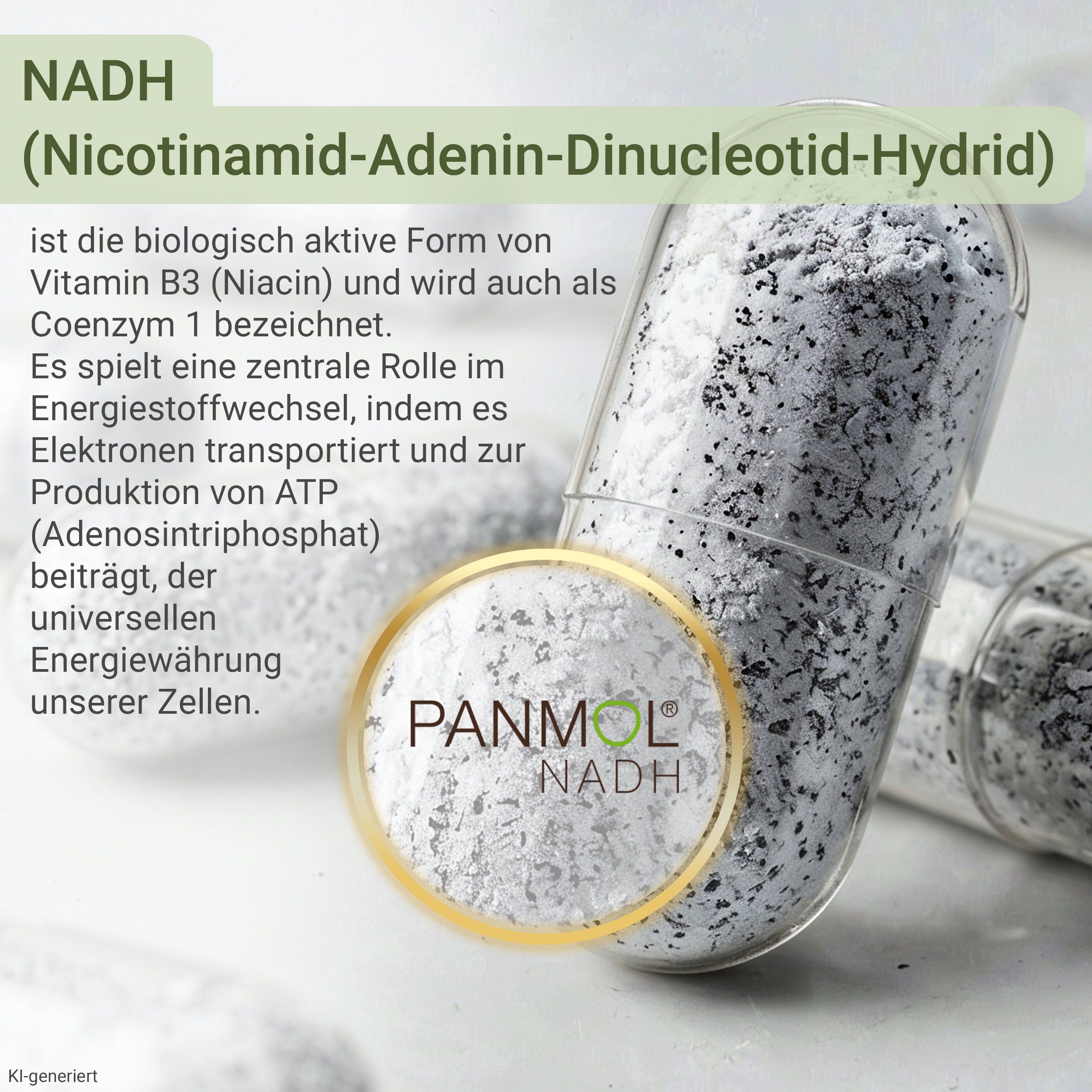 Nahaufnahme von NADH-Kapseln in durchsichtigen Behältern, die PANMOL NADH-Logo.