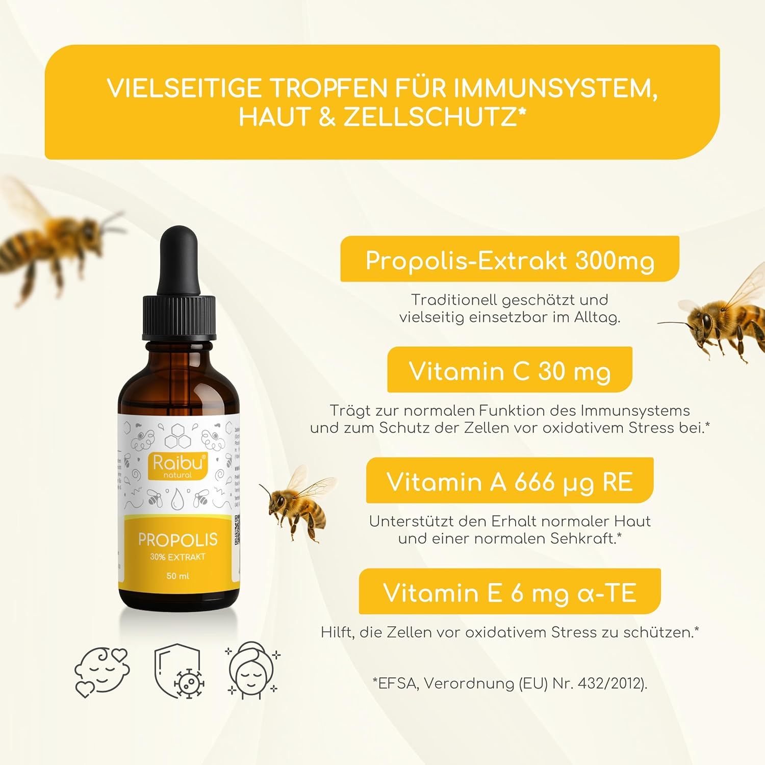 Braune Flasche mit Tropfer, umgeben von Icons und Bienen. Text: Vielseitige Tropfen für Immunsystem, Haut & Zellschutz. Vitamine.