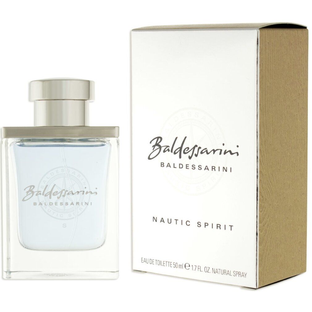 Baldessarini Nautic Spirit Eau de Toilette mit Verpackung. Flakon und Schachtel. Text: Nautic Spirit, Baldessarini.