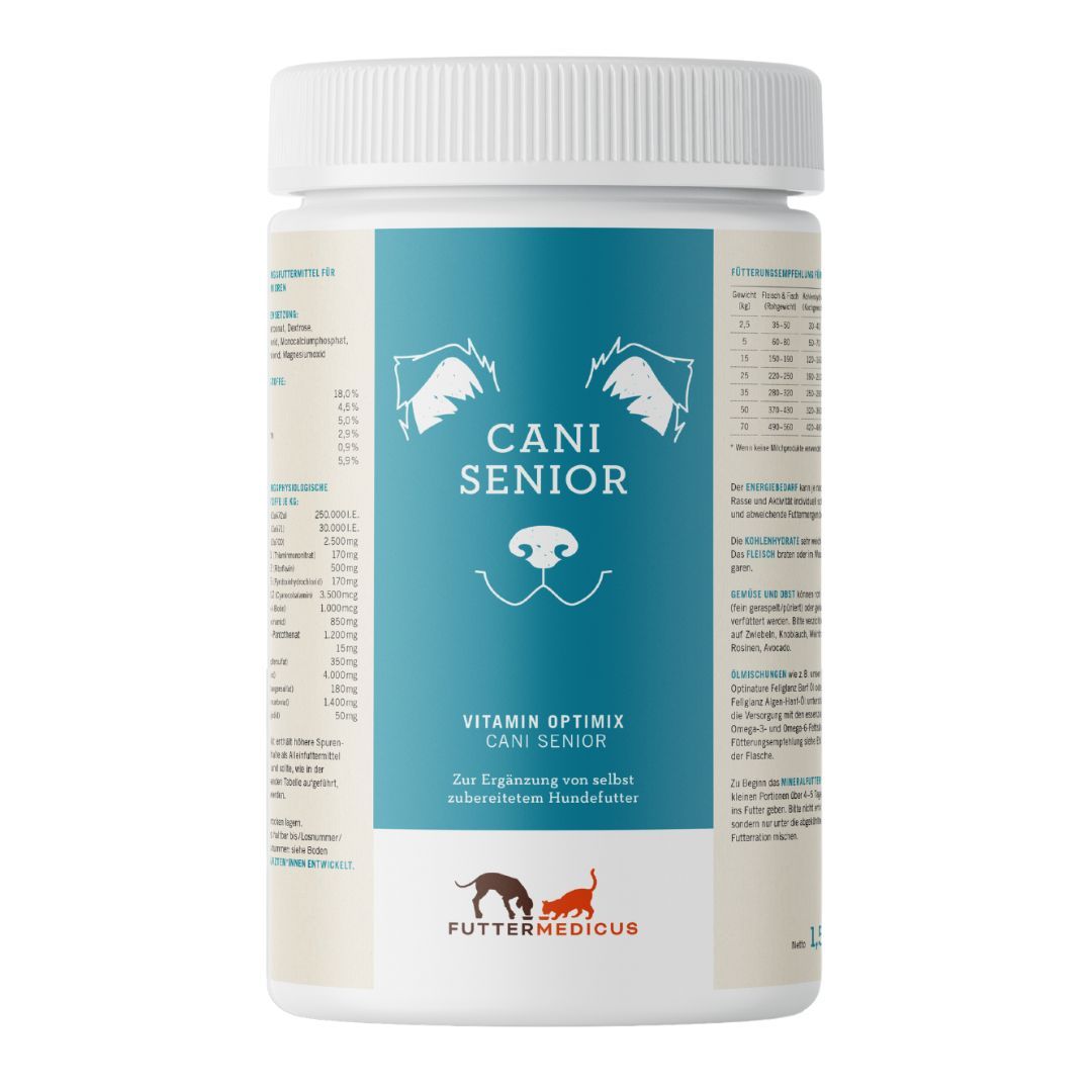 Weiße Dose mit blauem Etikett. Aufschrift CANI SENIOR, Vitamin Optimix. Marke Futtermedicus.