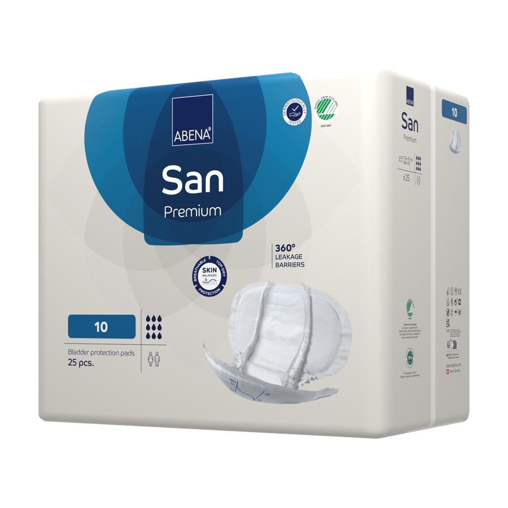 Verpackung ABENA San Premium Vorlagen. Weiß mit blauem Logo. Vorlage daneben. Aufdrucke: 10, 25 Stück, 360° Auslaufschutz.