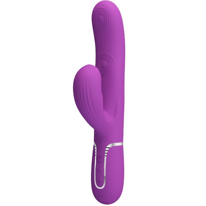 Lila Kaninchen-Vibrator mit Rillen und zwei Stimulatoren.