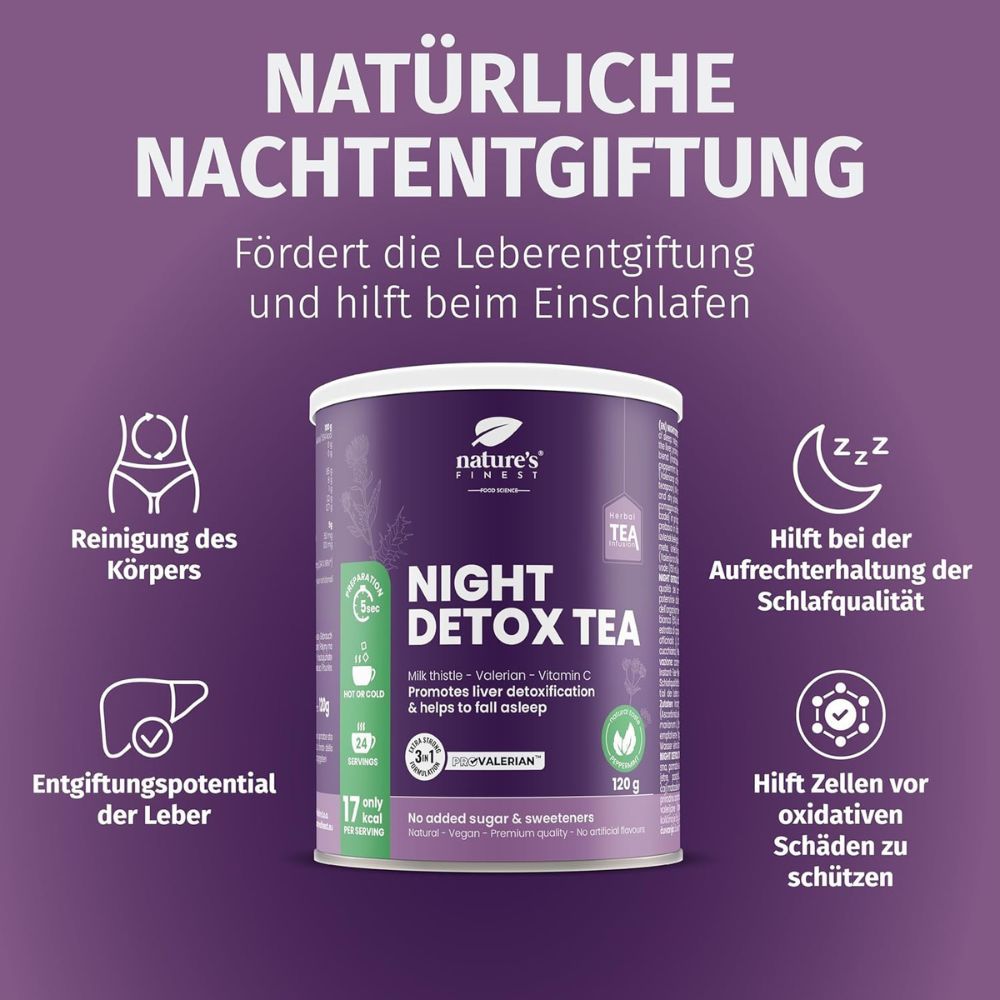 Dose Nature's Finest Night Detox Tea. Lila Dose mit weißer Schrift. Produktabbildung mit Icons. Fördert Leberentgiftung und Schlaf.