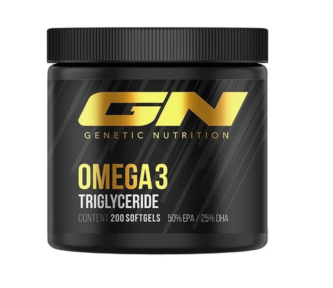 Schwarze Dose mit goldfarbenem "GN"-Logo und "Genetic Nutrition"-Schriftzug. "Omega 3 Triglyceride" und "200 Softgels" sind ebenfalls sichtbar.