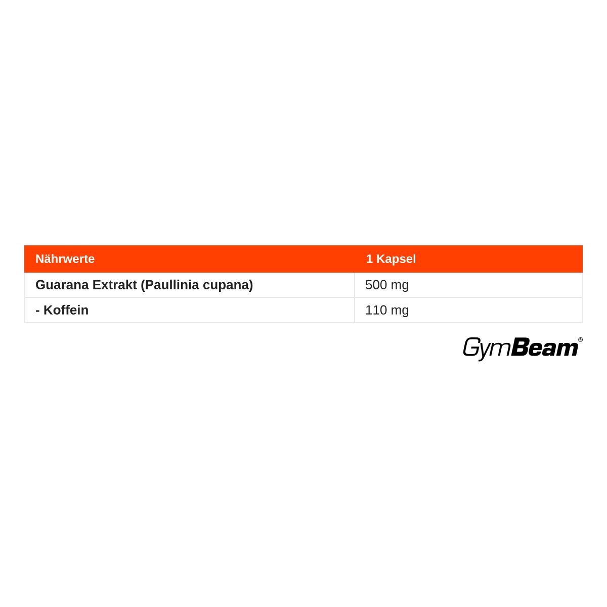 Nährwertangaben: Guarana Extrakt 500 mg, Koffein 110 mg pro Kapsel. GymBeam.