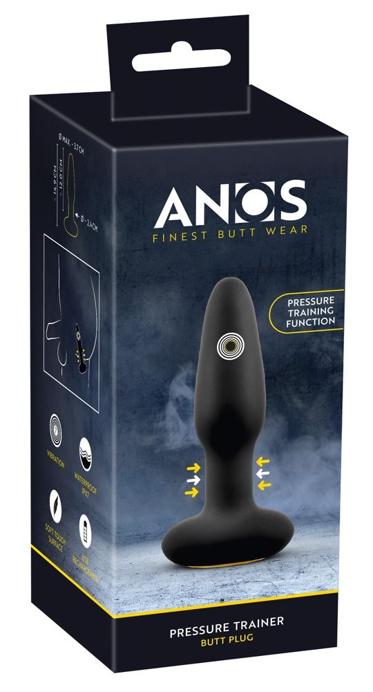Verpackung des ANOS Pressure Trainer Anal Plugs mit Produktabbildung und technischen Details.