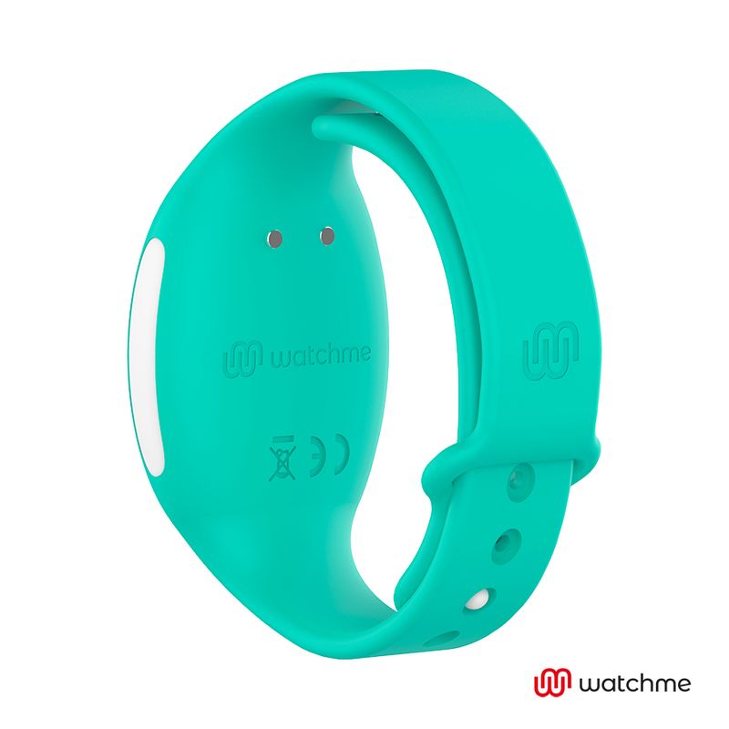 Rückseite einer türkisfarbenen Armbanduhr mit weißem Display. CE-Zeichen und Markenlogo sichtbar.