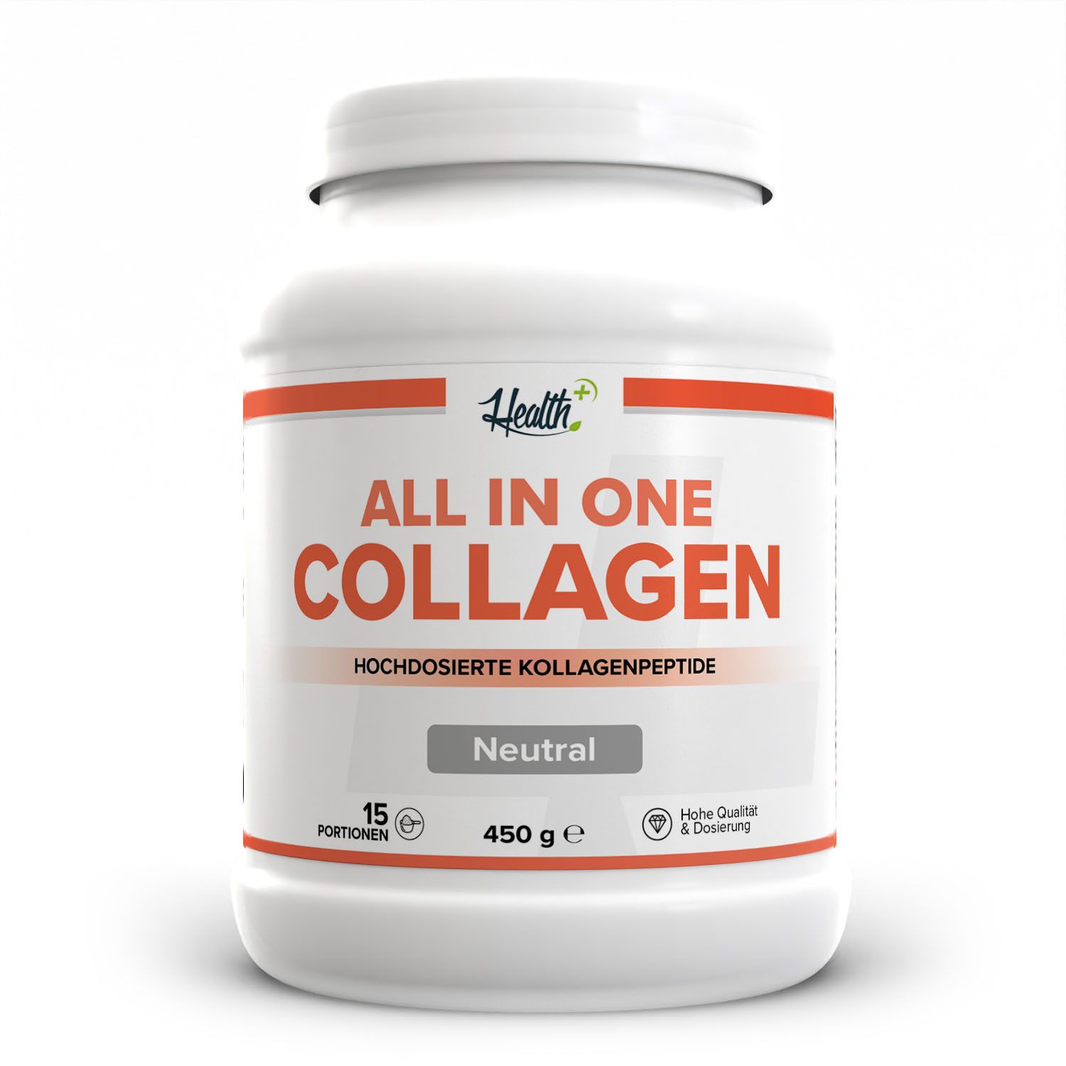 Vorderseite eines weißen Behälters mit der Aufschrift 'Health+ All in One Collagen' und Nährwertangaben.