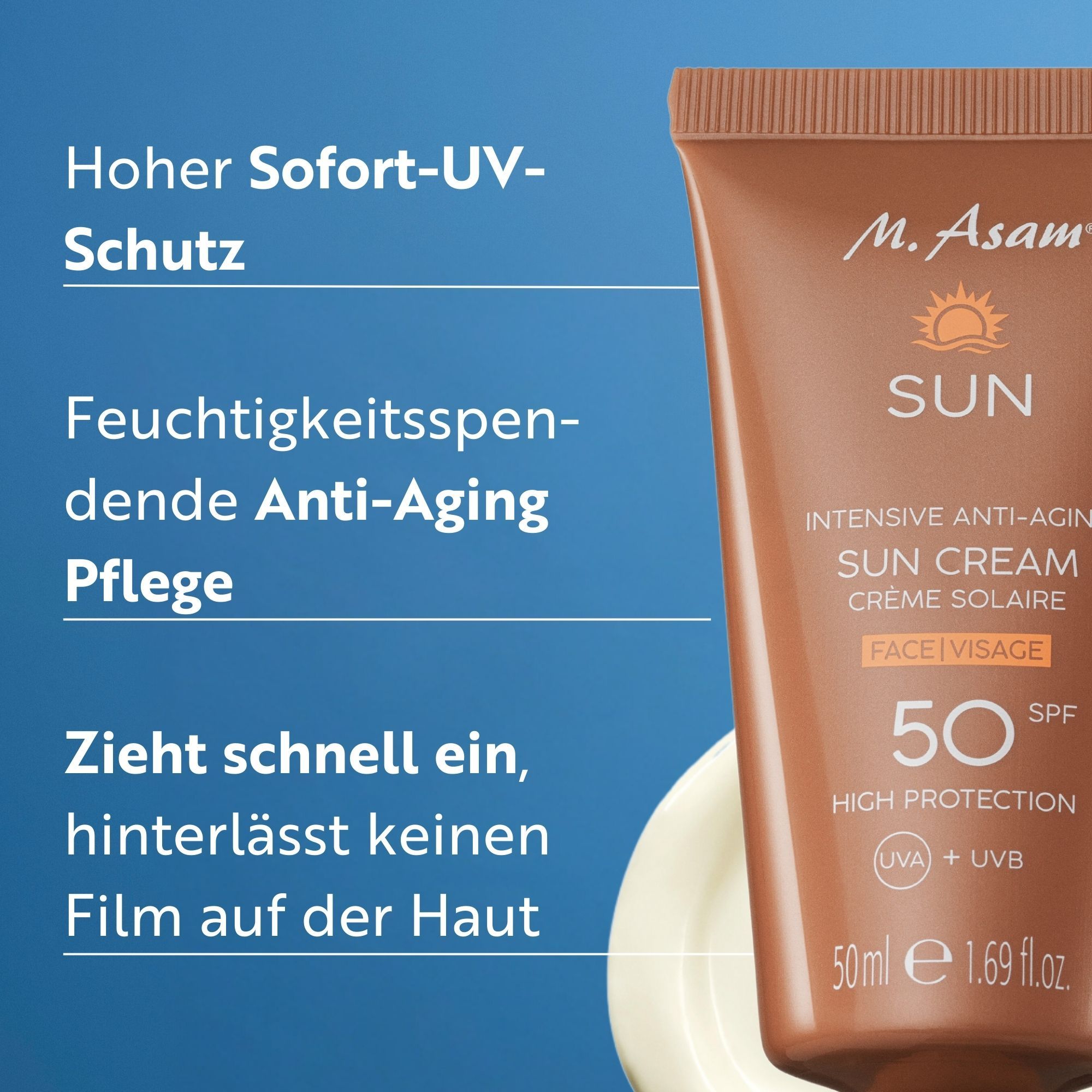 Produkt-Tube mit Text: M. Asam SUN, Intensive Anti-Aging Sun Cream, SPF 50. Text: Hoher Sofort-UV-Schutz, Feuchtigkeitspflege.