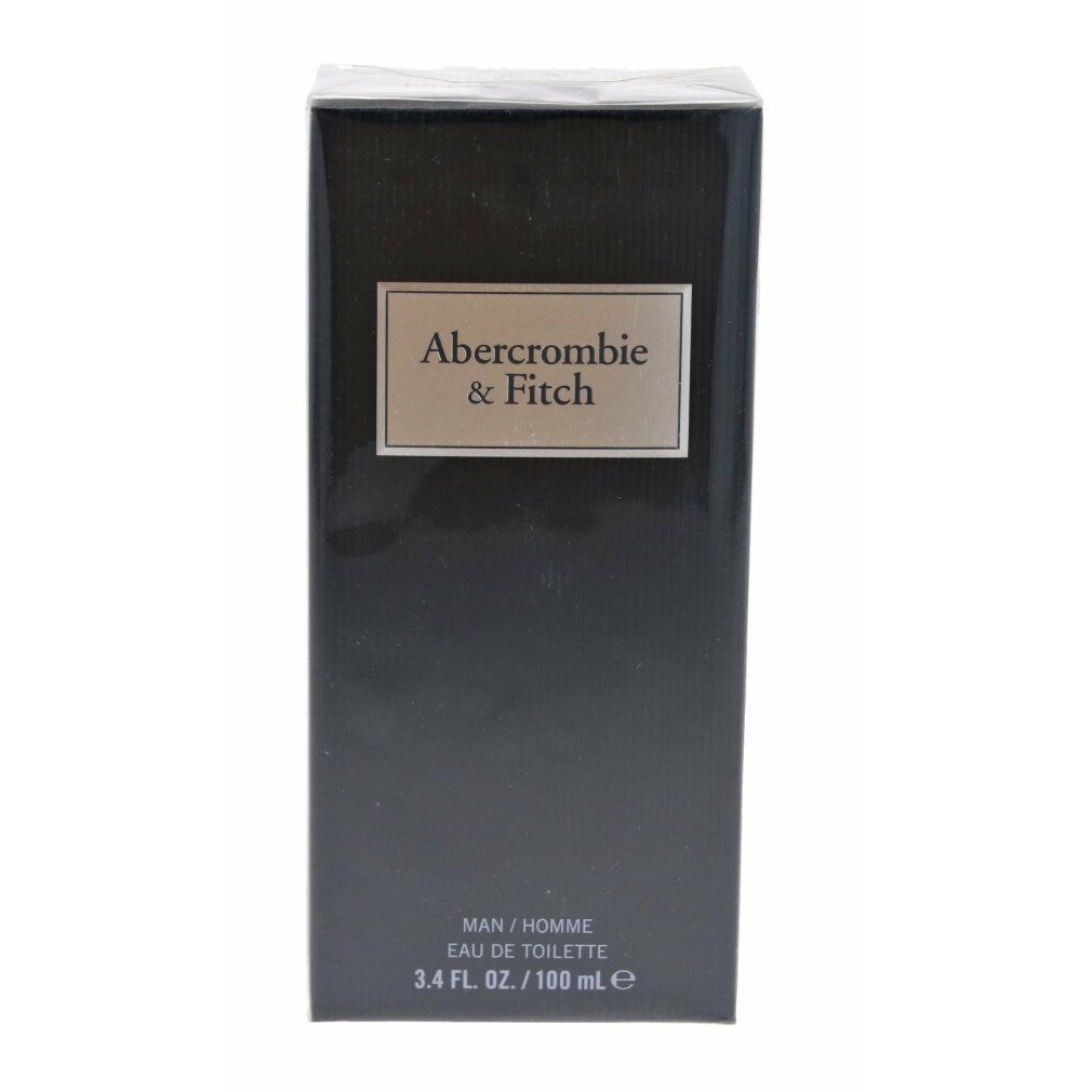 Schwarze Verpackung mit silberner Aufschrift: Abercrombie & Fitch, MAN/HOMME, Eau de Toilette.