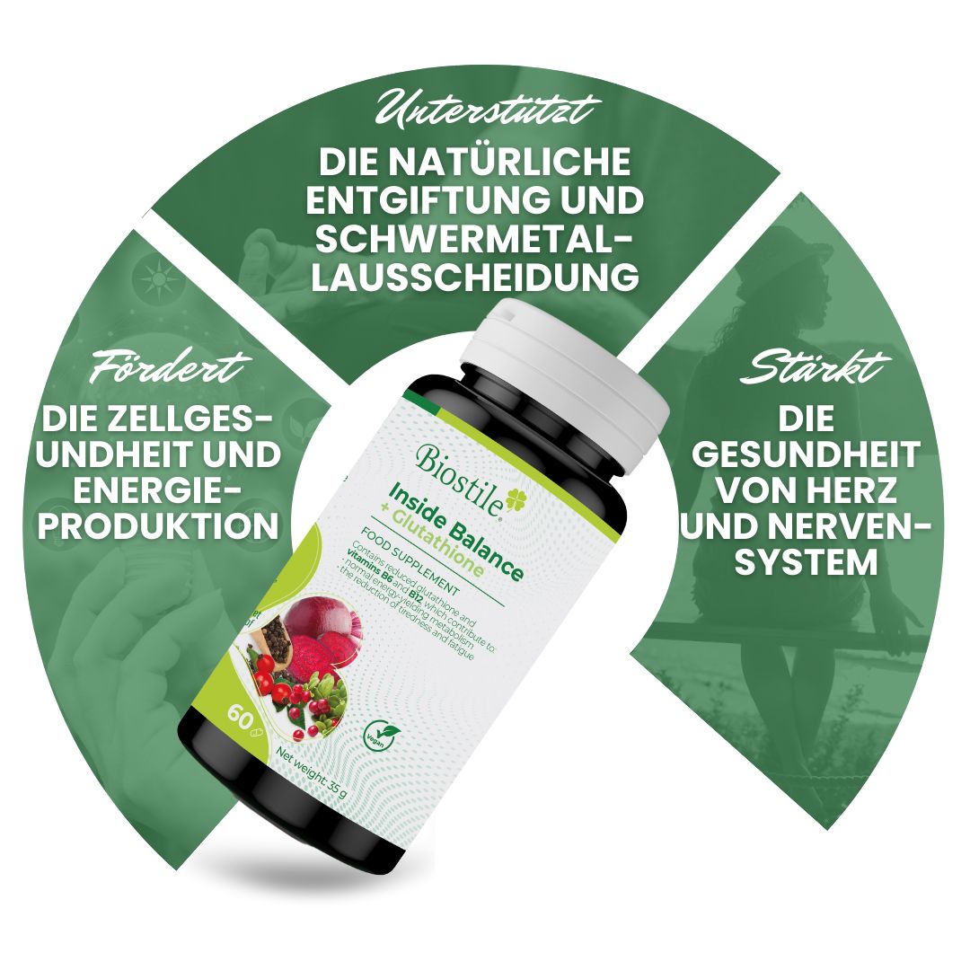 Biostile Inside Balance + Glutathione Nahrungsergänzungsmittel in dunkler Flasche mit weißem Deckel, 60 Kapseln.