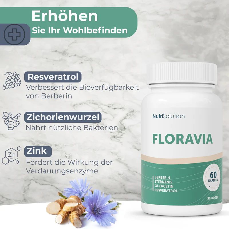 Weiße Flasche mit grünem Etikett. Aufschrift: FLORAVIA, 60 Kapseln. Zutaten: Berberin, Sternanis, Quercetin, Resveratrol. Text: Wohlbefinden.