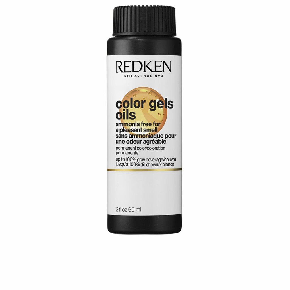 Redken Color Gels Oils Haarfarbe. Schwarze Flasche mit weißem Etikett. Text: ammonia free, permanente Coloration.